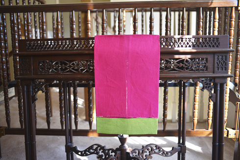 Multicolor Hemstitch Guest Towel. Pink Peacock & Macaw Green